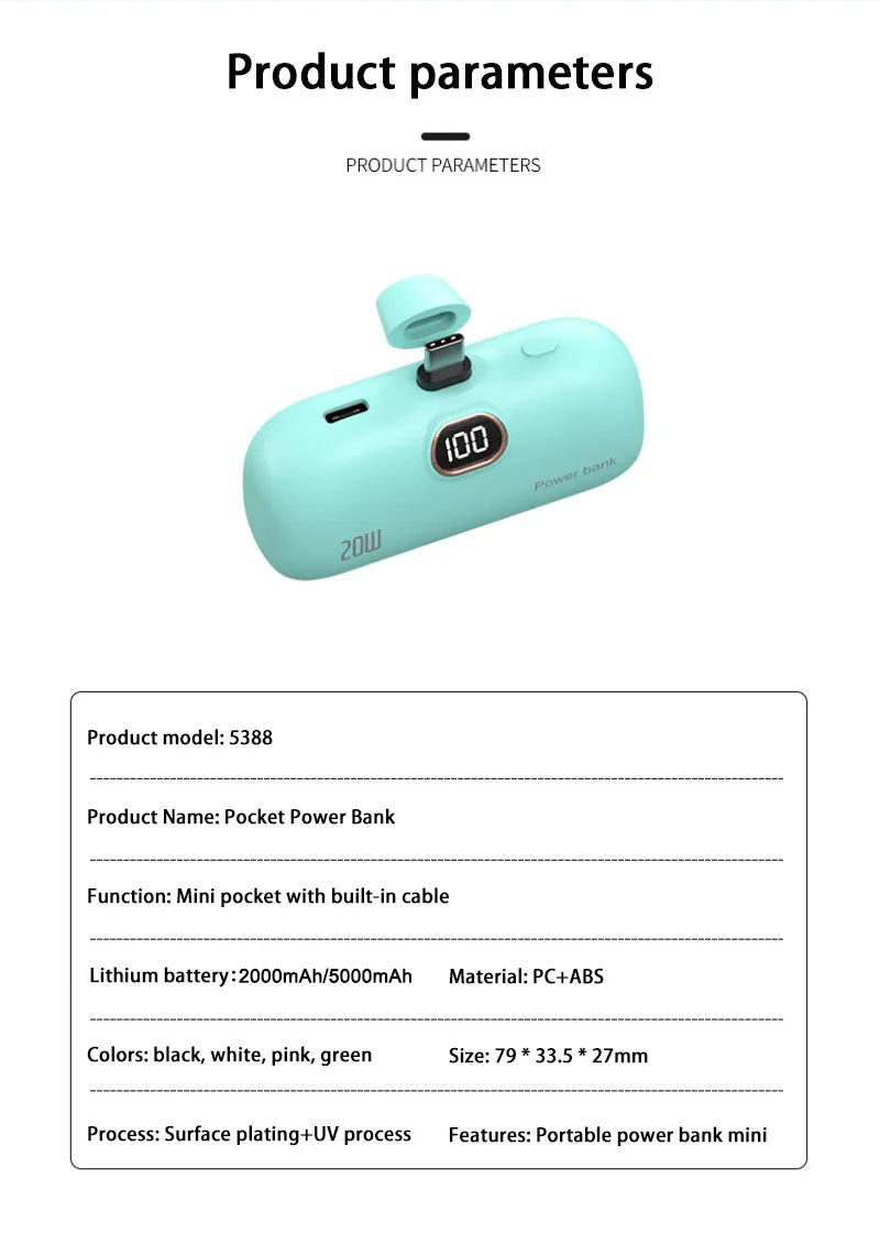 Mini Power Bank 2000/5000mAh Built Cable Portable Mobile Charger Fast Charger Spare Battery Capsule Power bank For iPhone Type-C