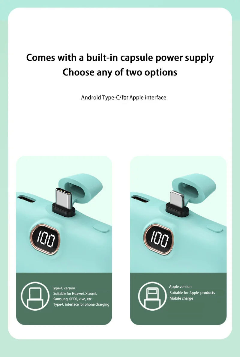 Mini Power Bank 2000/5000mAh Built Cable Portable Mobile Charger Fast Charger Spare Battery Capsule Power bank For iPhone Type-C