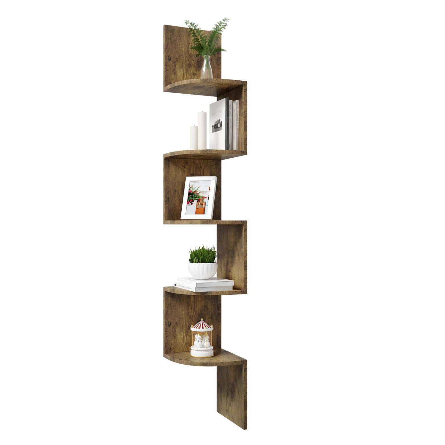 WOLTU 1PC White Black 5 Tiers Zigzag Style Decorative Wall Shelf Bookcase Corner CD DVD Shelf for Home Organization Decoration