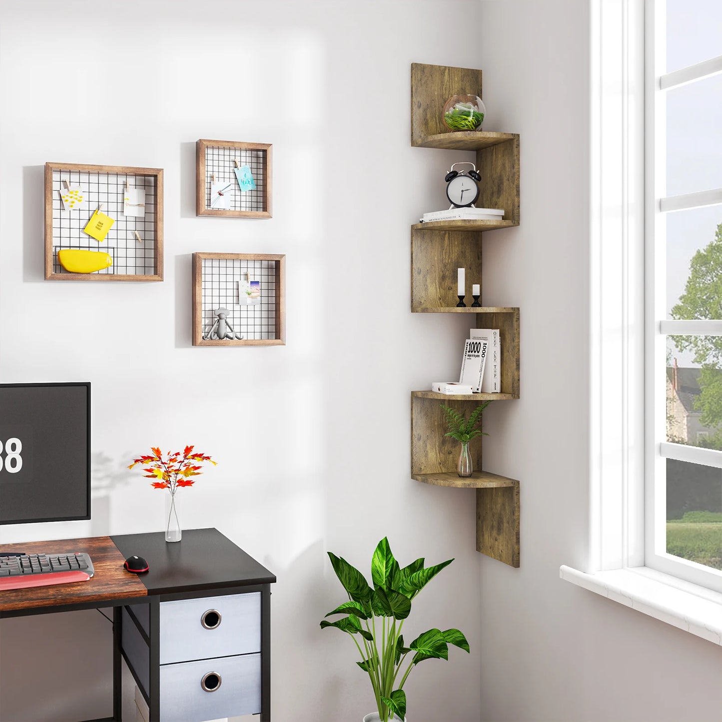 WOLTU 1PC White Black 5 Tiers Zigzag Style Decorative Wall Shelf Bookcase Corner CD DVD Shelf for Home Organization Decoration