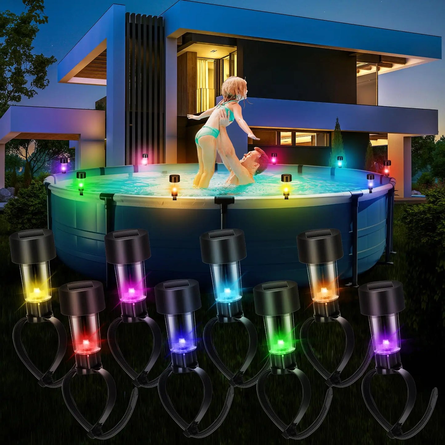 8 swimming pool solar lights, waterproof lights, outdoor swimming pool accessories, colored lights and night lights