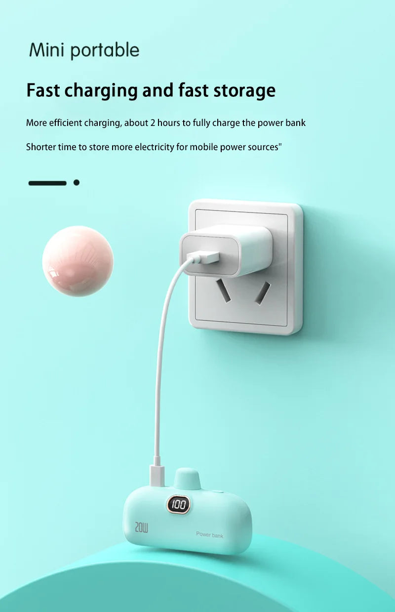 Mini Power Bank 2000/5000mAh Built Cable Portable Mobile Charger Fast Charger Spare Battery Capsule Power bank For iPhone Type-C