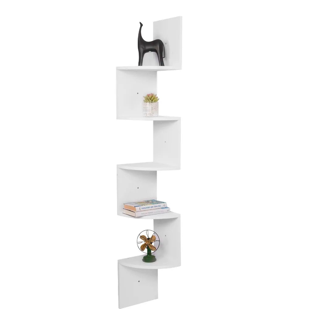 WOLTU 1PC White Black 5 Tiers Zigzag Style Decorative Wall Shelf Bookcase Corner CD DVD Shelf for Home Organization Decoration