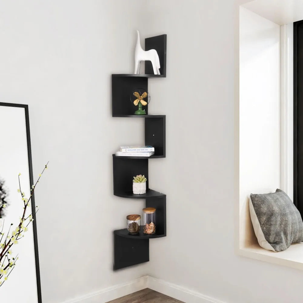 WOLTU 1PC White Black 5 Tiers Zigzag Style Decorative Wall Shelf Bookcase Corner CD DVD Shelf for Home Organization Decoration