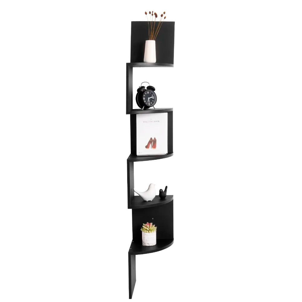 WOLTU 1PC White Black 5 Tiers Zigzag Style Decorative Wall Shelf Bookcase Corner CD DVD Shelf for Home Organization Decoration