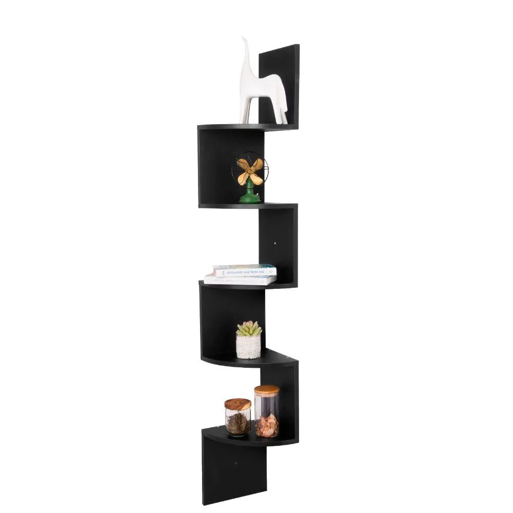 WOLTU 1PC White Black 5 Tiers Zigzag Style Decorative Wall Shelf Bookcase Corner CD DVD Shelf for Home Organization Decoration
