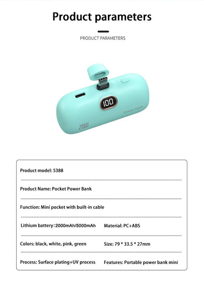 Mini Power Bank 2000/5000mAh Built Cable Portable Mobile Charger Fast Charger Spare Battery Capsule Power bank For iPhone Type-C