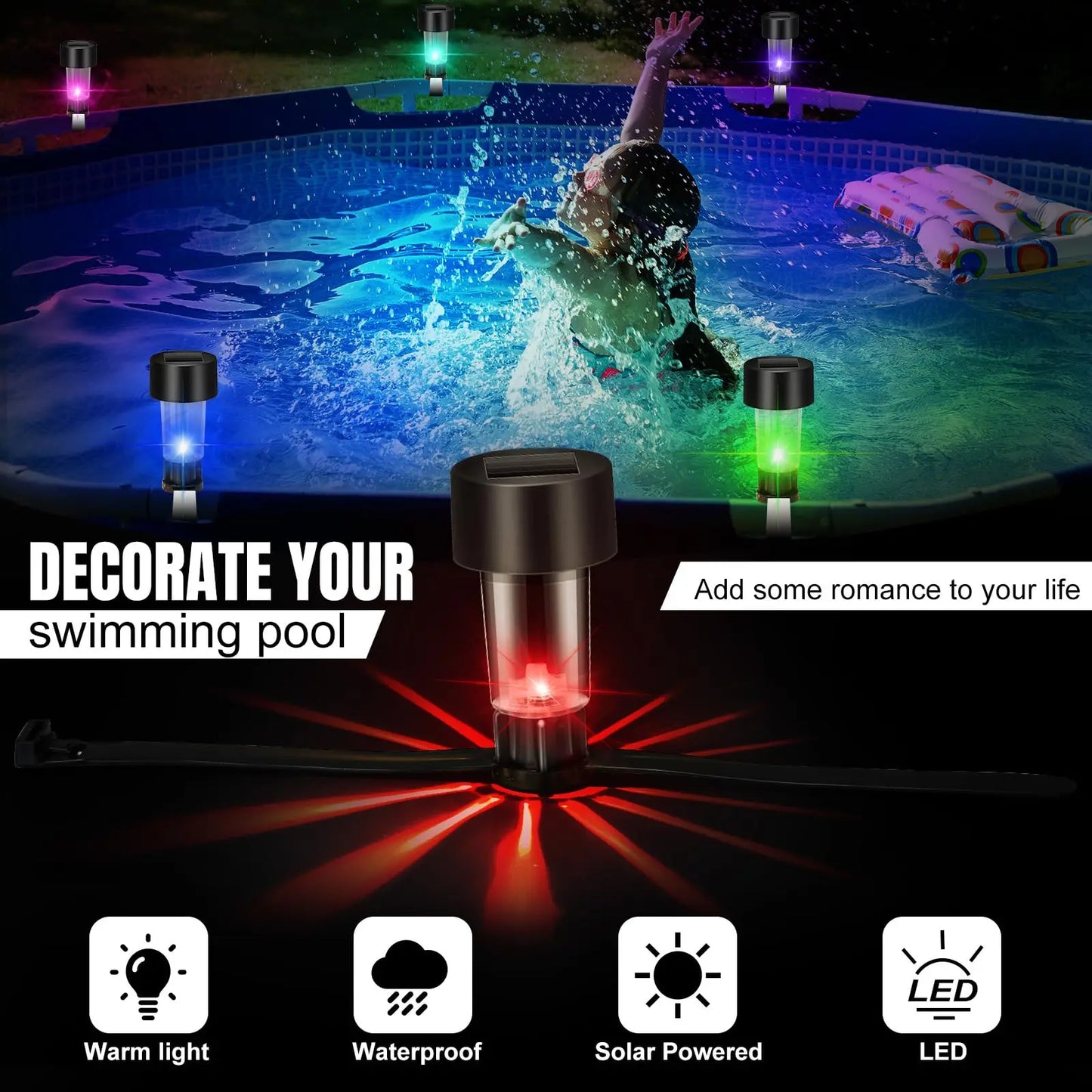 8 swimming pool solar lights, waterproof lights, outdoor swimming pool accessories, colored lights and night lights