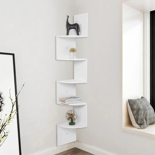 WOLTU 1PC White Black 5 Tiers Zigzag Style Decorative Wall Shelf Bookcase Corner CD DVD Shelf for Home Organization Decoration
