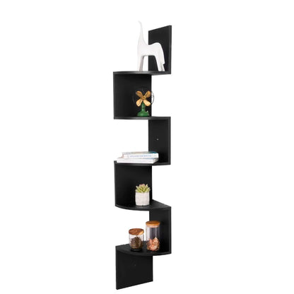 WOLTU 1PC White Black 5 Tiers Zigzag Style Decorative Wall Shelf Bookcase Corner CD DVD Shelf for Home Organization Decoration